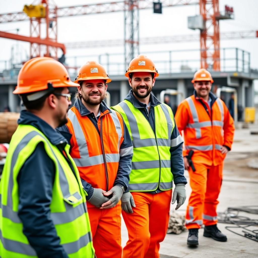 Equipe em obra com hi-vis e capacetes